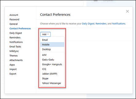 Screenshot of the add dropdown, with the mobile option highlighted, in the contact preferences dialog.